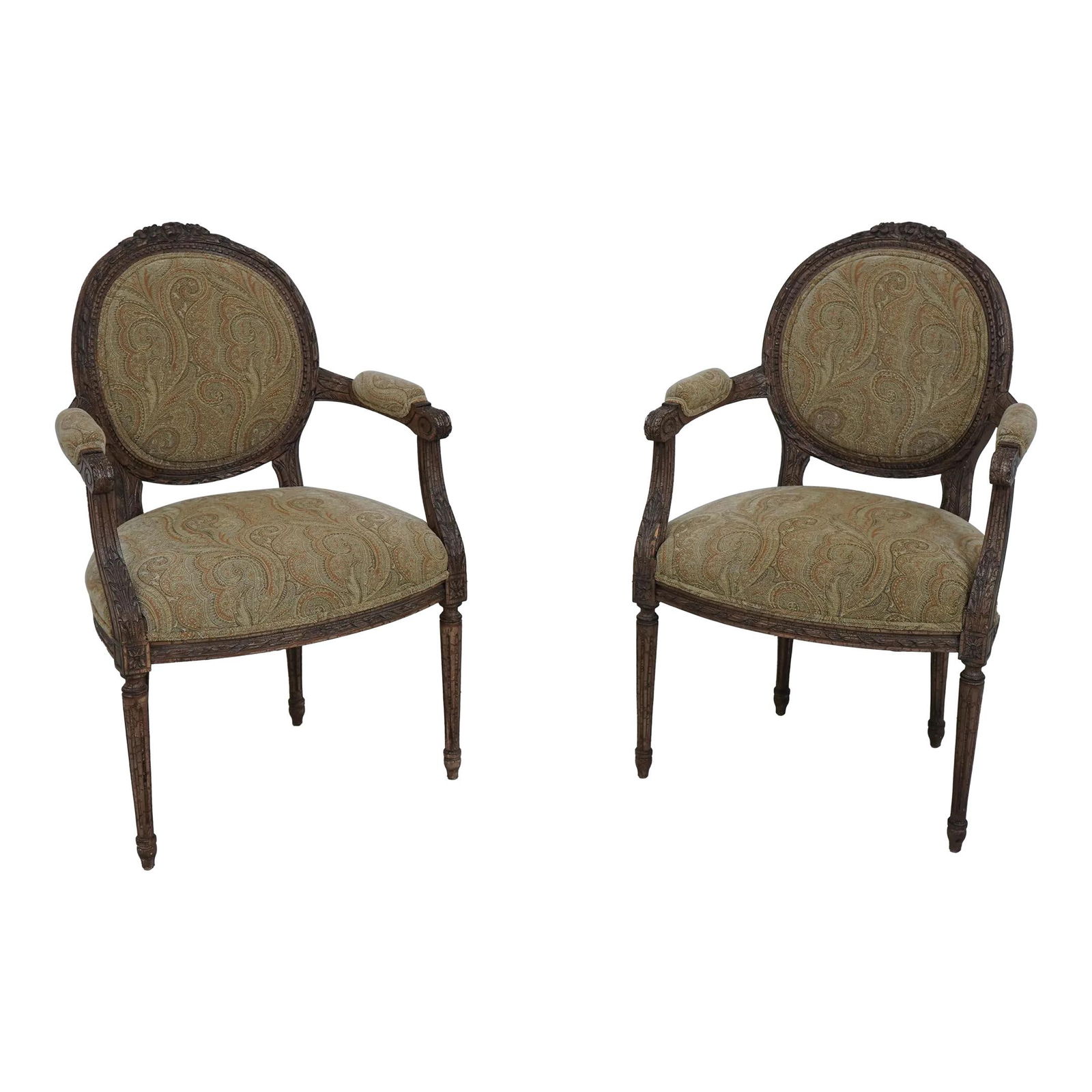 Pair of Elegant French Louis XVI Open Armchairs with Damask Upholstery: Pair of Elegant French Louis XVI Open Armchairs with Damask Upholstery This exquisite pair of French Louis XVI fauteuils features a charming painted distressed finish, adding a touch of elegance to an
