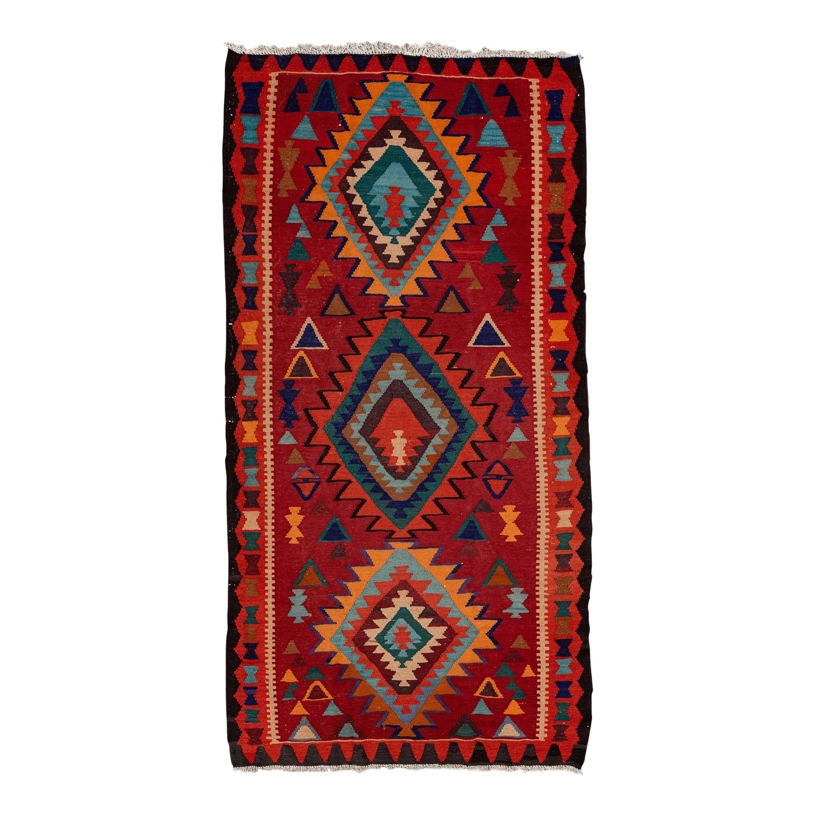 Vintage Kilim Handmade Wool Runner Red Geometric Design 5'3 X 10'11: Vintage Kilim Handmade Wool Runner Red Geometric Design 5'3 X 10'11 This vintage kilim handmade wool runner showcases a vibrant red field adorned with a stunning all-over geometric design. Measuring 5