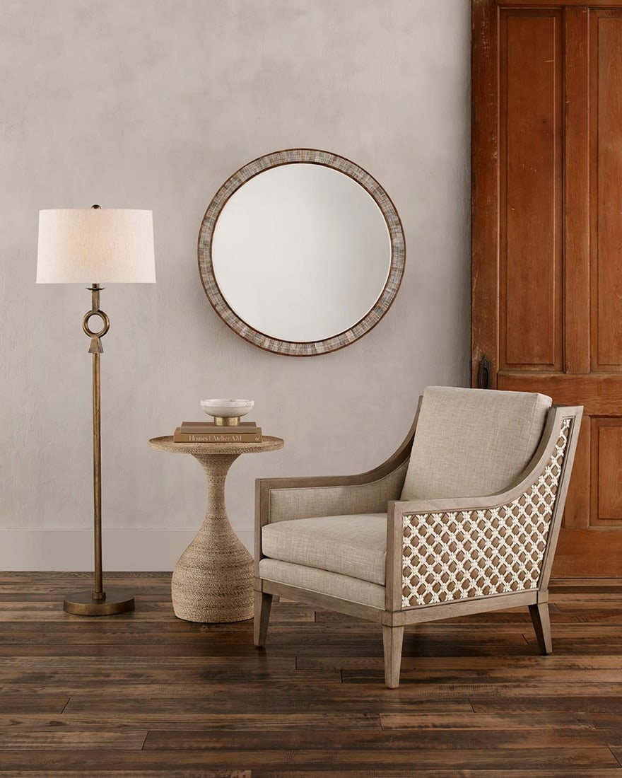 Currey Germaine Brass Floor Lamp 62 Inches with Natural Flax Shade: Currey Germaine Brass Floor Lamp 62 Inches with Natural Flax Shade Illuminate your space with this elegant Antique Style Brass Floor Lamp. Crafted with a vintage charm, this lamp stands 62 inches tall