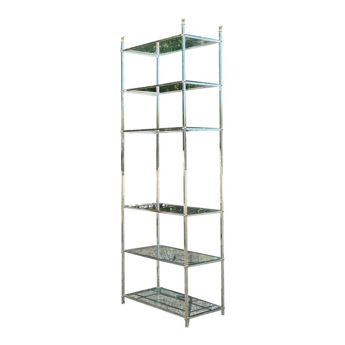 Vintage Chrome Brass Etagere Inspired by Maison Jansen 76" Tall: Vintage Chrome Brass Etagere Inspired by Maison Jansen 76" Tall This Vintage Regency Chrome and Brass Etagere, inspired by the iconic style of Maison Jansen, showcases timeless elegance and sophistica