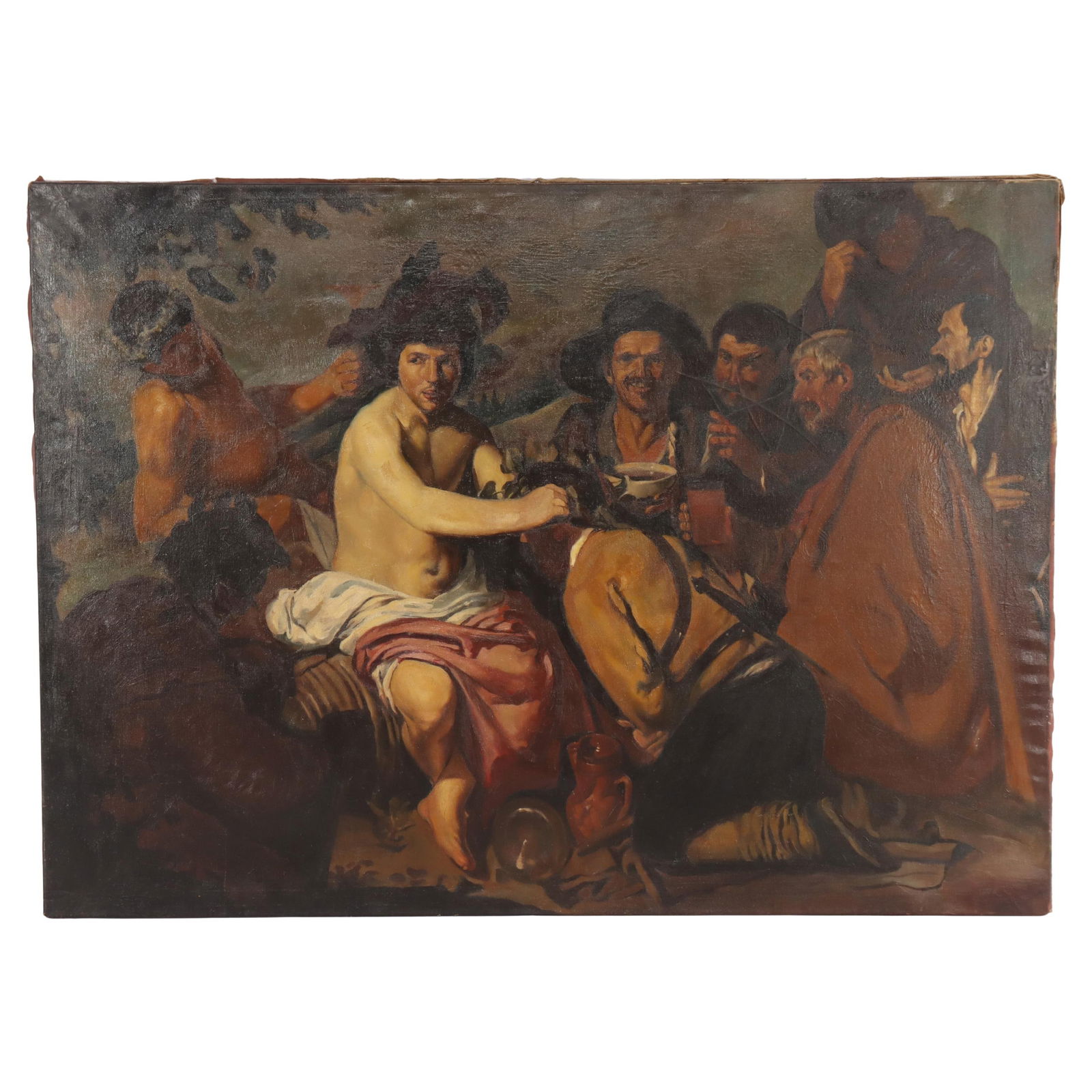 Early 20th Century Oil On Canvas Copy of Velazquez Bacchus 42.5x58.25: Early 20th Century Oil On Canvas Copy of Velazquez Bacchus 42.5x58.25 This stunning oil on canvas is an early 20th-century copy of Velazquez's "The Triumph of Bacchus," created circa 1920. The artwork