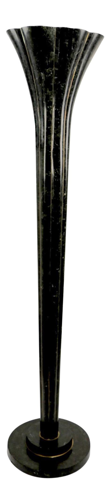 Art Deco Revival Tessellated Stone Torchiere Lamp by Maitland Smith: Art Deco Revival Tessellated Stone Torchiere Lamp by Maitland Smith This stunning tessellated stone torchiere lamp features a dramatic trumpet form uplight with elegant brass pinstripe trim, complemen