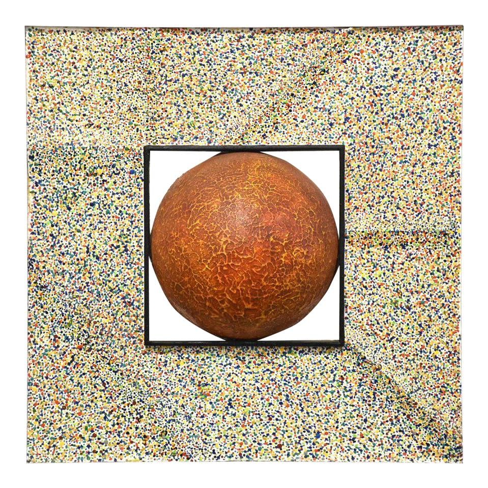 Vibrant 3D Mixed Media Orange Sun Art 30.5" x 30.5": Vibrant 3D Mixed Media Orange Sun Art 30.5" x 30.5" This stunning three-dimensional half sphere mixed media painting showcases a vibrant orange sun design, perfect for adding a unique touch to any spa