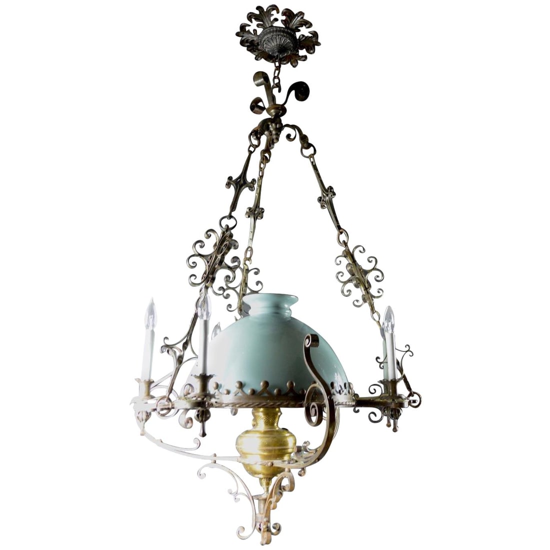 Spanish Style 19th Century Brass Steel Oil Light Chandelier: Spanish Style 19th Century Brass Steel Oil Light Chandelier This stunning chandelier features a decorative wrought steel and brass frame, designed in the elegant Spanish style. Originally an oil lamp,