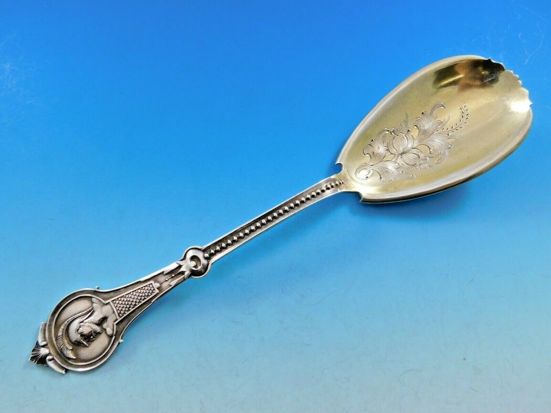 Wood & Hughes Sterling Silver Medallion Berry Spoon Gold-Washed Chased Flowers (1 of 6)