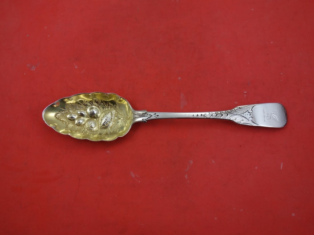 Georgian Sterling Silver Berry Spoon c1812 Chased Fruit 8 3/4": Georgian Sterling Silver Berry Spoon c1812 Chased Fruit 8 3/4" This exquisite English Georgian Sterling Silver Berry Spoon, crafted circa 1812, features a beautifully chased fruit design and a stunnin