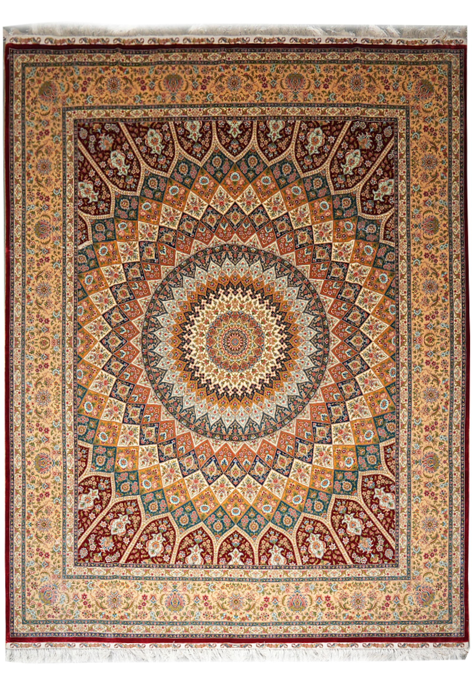 8 x 10 Silk Handmade Rug Vibrant Dom Design Artistic Colors: 8 x 10 Silk Handmade Rug Vibrant Dom Design Artistic Colors Free continental US Shipping This 8 x 10 handmade silk rug features a dom central design with a vibrant color palette. Expertly crafted by s