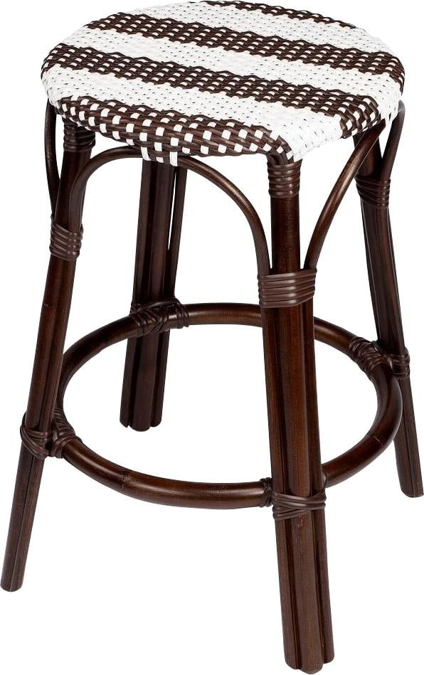 Butler Tobias Dark Brown Rattan Round Counter Stool: Butler Tobias Dark Brown Rattan Round Counter Stool Enhance your dining experience with this stylish Mediterranean Bistro Counter Stool, featuring a round shape and a coastal style that brings a touch
