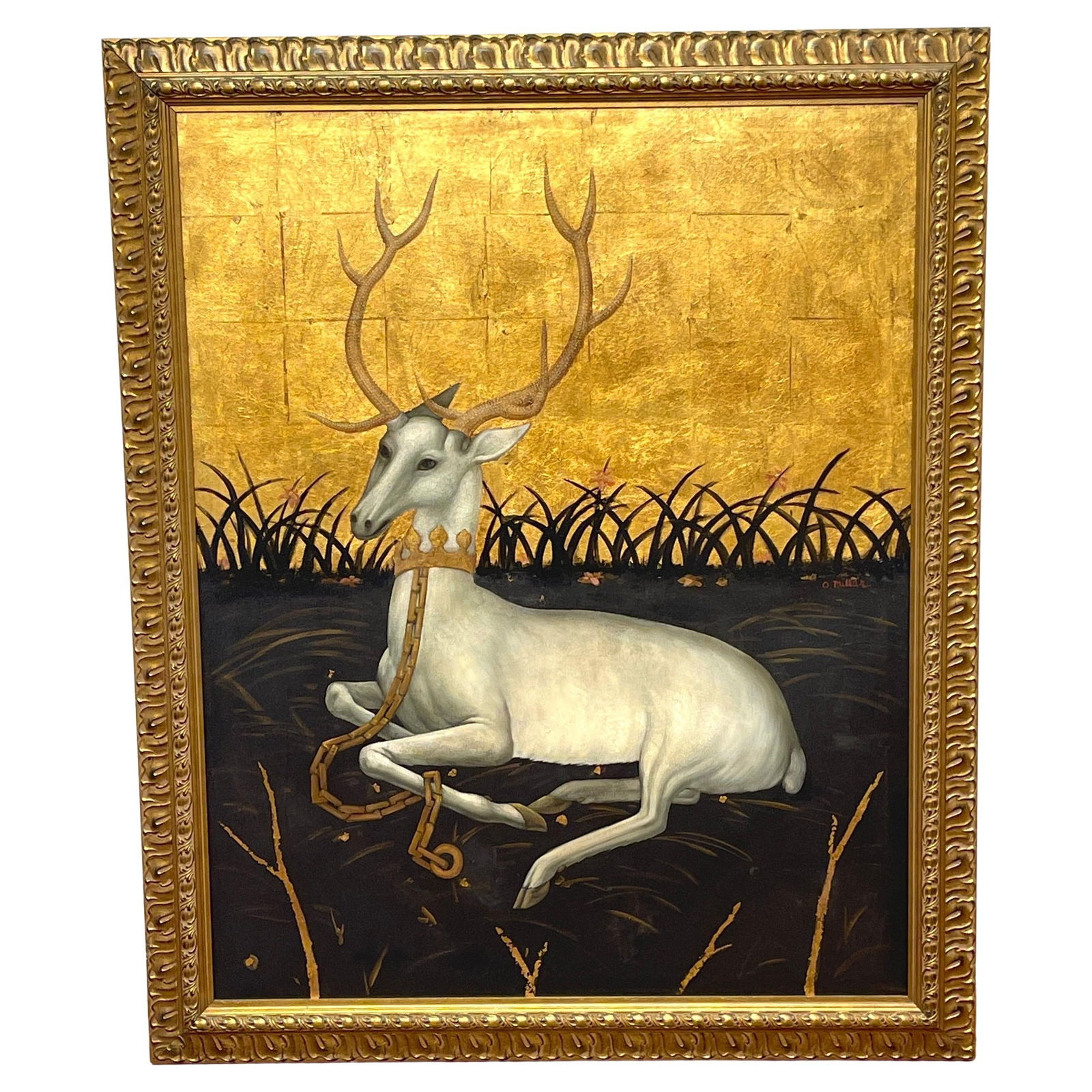 O Millar Seated White Deer Painting Giltwood Frame Renaissance: O Millar Seated White Deer Painting Giltwood Frame Renaissance This stunning oil painting features a seated white deer in a picturesque landscape, signed by the artist O. Millar. Inspired by the Wilto