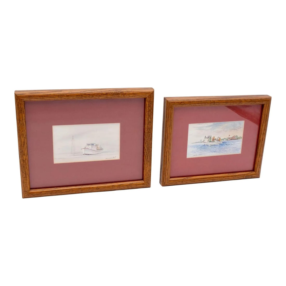 Pair of Signed George D Post Nautical Watercolor Paintings: Pair of Signed George D Post Nautical Watercolor Paintings This exquisite pair of nautical watercolor paintings features charming depictions of a fishing boat near a buoy and another boat by a channel