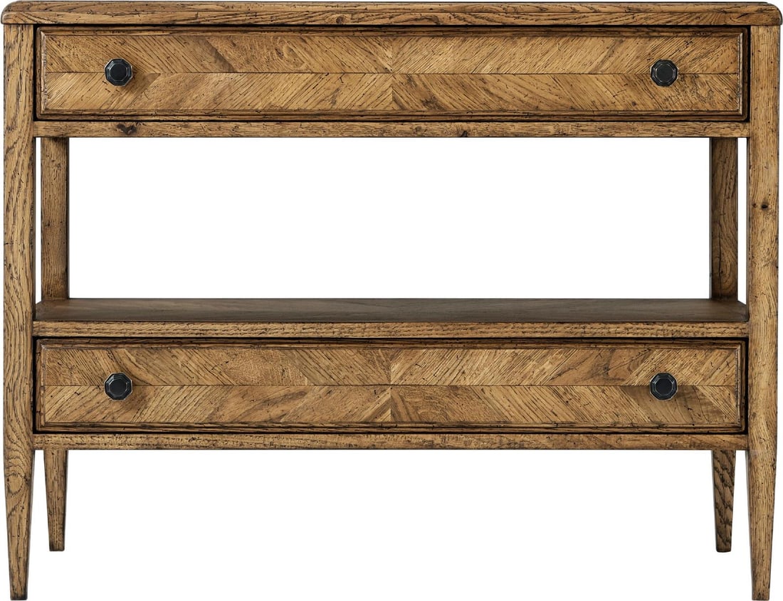 Theodore Alexander Nova Nightstand Aluminum Oak Veneer Bronze Handles: Theodore Alexander Nova Nightstand Aluminum Oak Veneer Bronze Handles This stylish nightstand by Theodore Alexander combines functionality and elegance, featuring a sleek rectangular shape with a warm