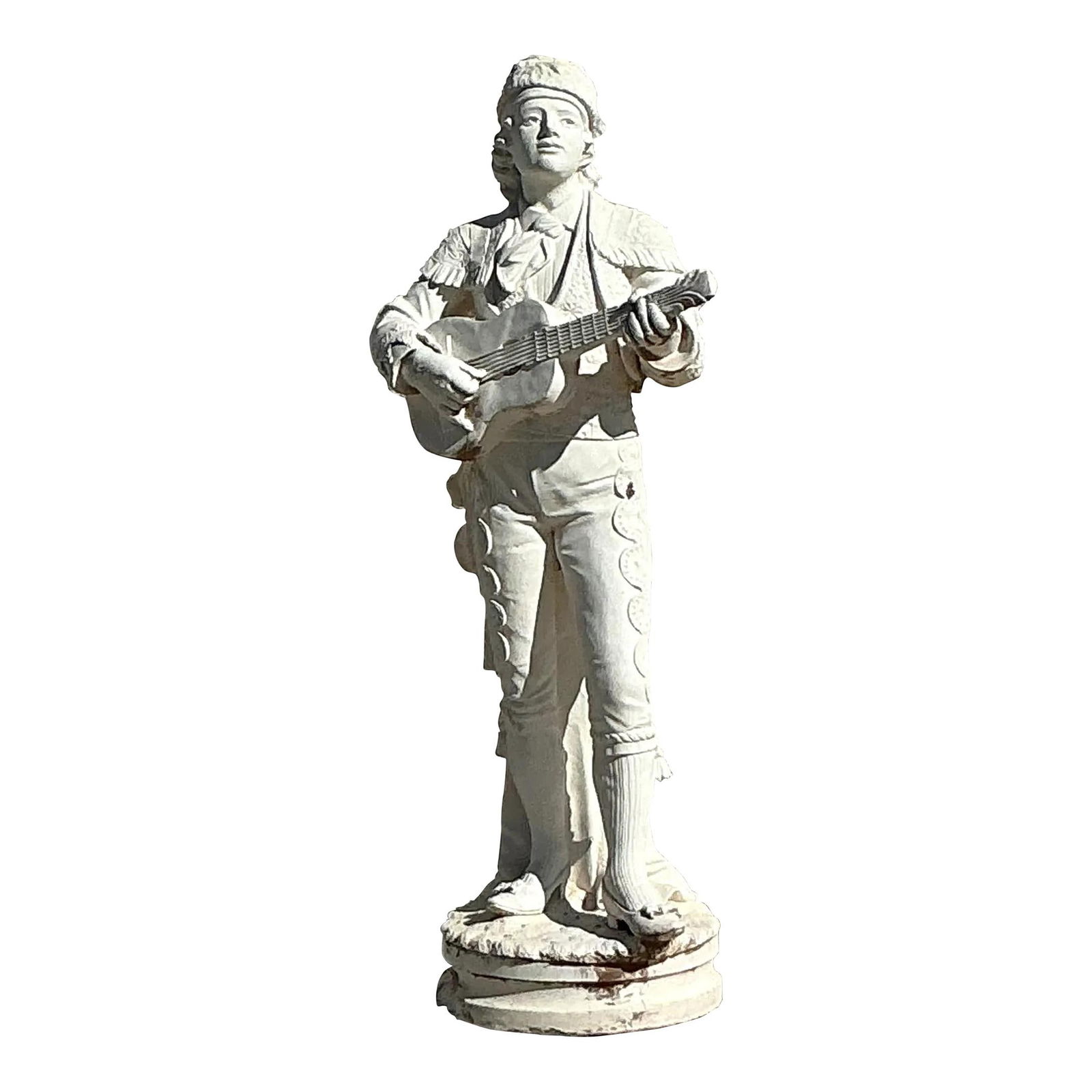 Vintage Boho Concrete Guitar Player Statue 43.5 Inches Tall: Vintage Boho Concrete Guitar Player Statue 43.5 Inches Tall Enhance your decor with this vintage boho cast concrete statue of a guitar player. This expertly sculpted piece features intricate details t