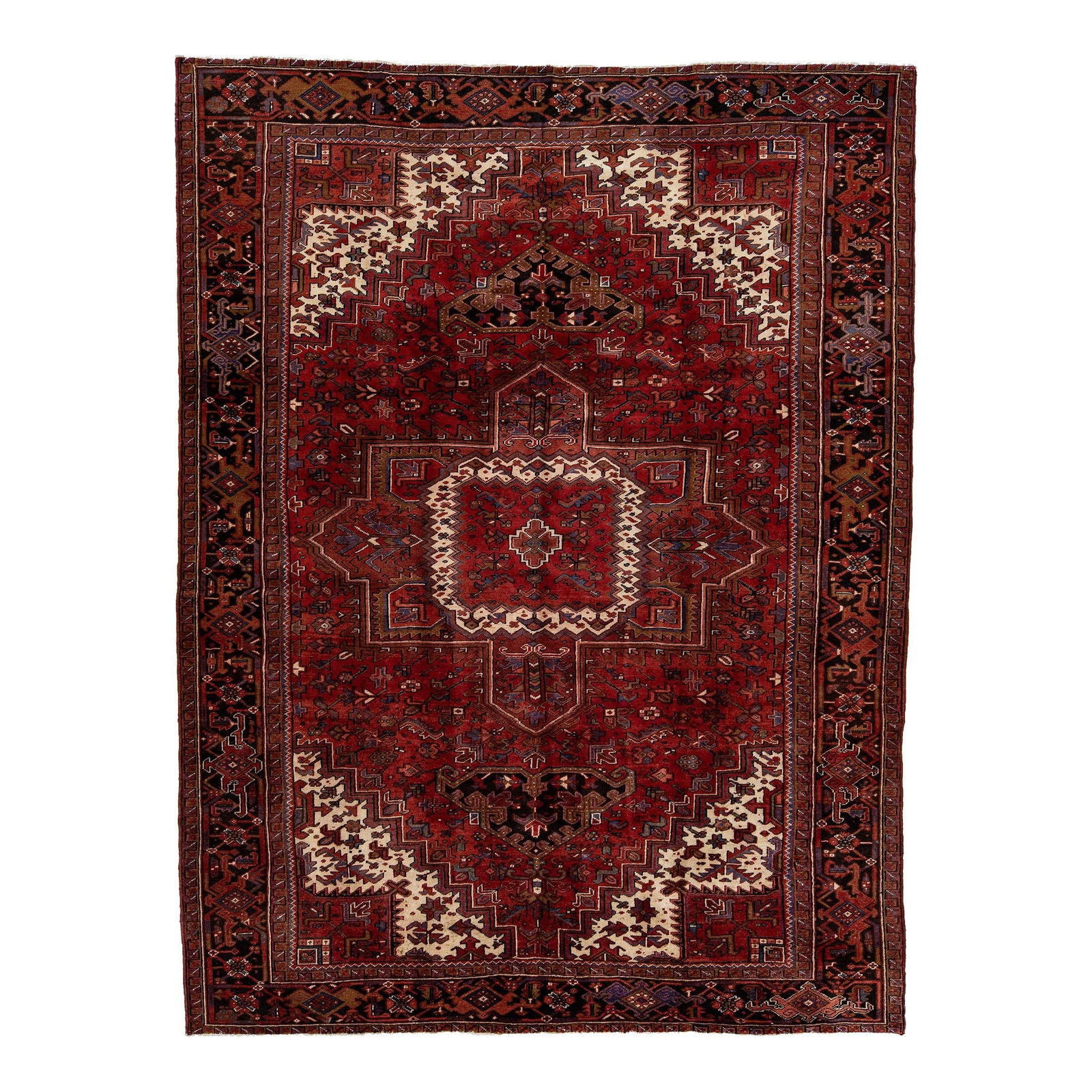 Antique Heriz Persian Wool Rug 9'10 x 13' Red Medallion Design: Antique Heriz Persian Wool Rug 9'10 x 13' Red Medallion Design Enhance your space with this stunning antique Heriz hand-knotted wool rug, featuring a vibrant red field adorned with a captivating all-o