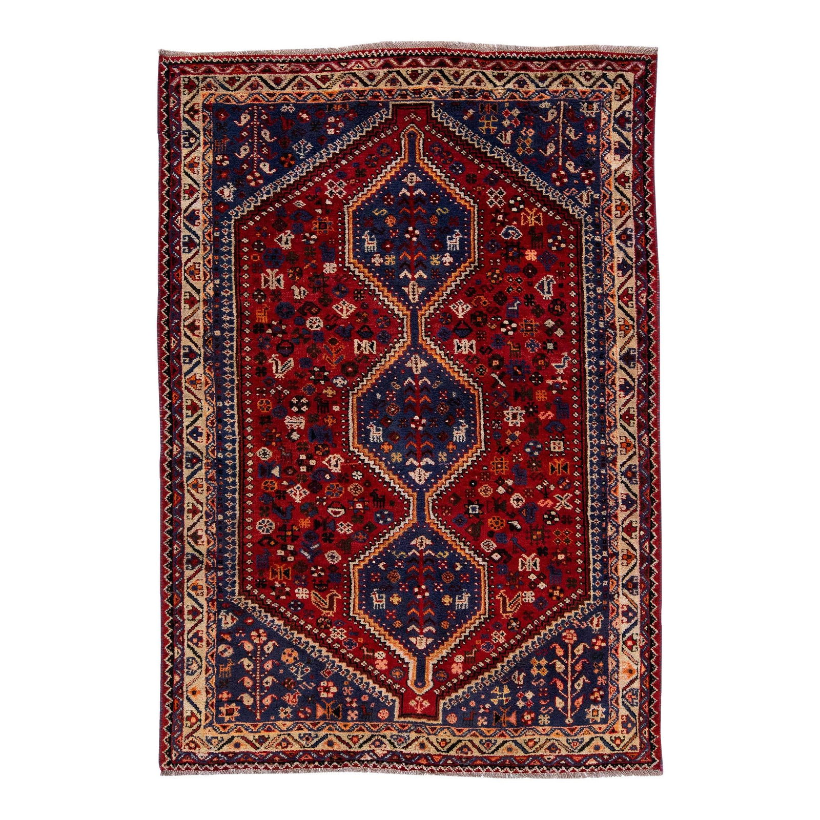 1960s Persian Shiraz Handmade Wool Rug Navy Blue Medallion Design: 1960s Persian Shiraz Handmade Wool Rug Navy Blue Medallion Design Discover this exquisite vintage Persian Shiraz rug, meticulously hand-knotted from high-quality wool. Featuring a rich navy blue field