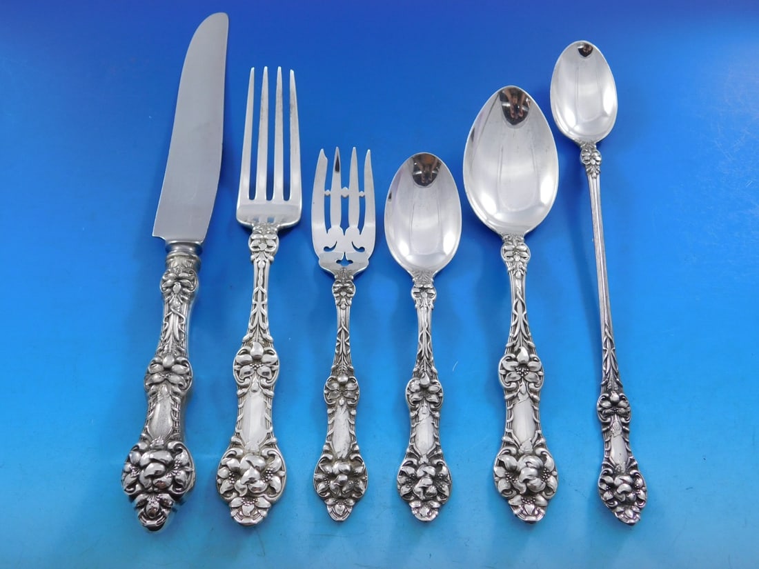 Alvin Old Orange Blossom Sterling Silver Flatware Set 52 pcs for 8: Alvin Old Orange Blossom Sterling Silver Flatware Set 52 pcs for 8 Discover the elegance of the Old Orange Blossom flatware set by Alvin, crafted from fine sterling silver. This exquisite Art Nouveau