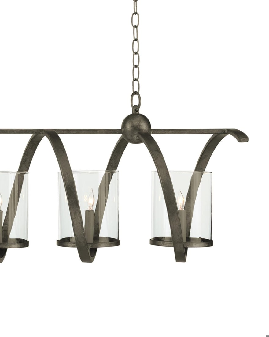 Currey Maximus Rectangular Industrial Chandelier Glass Wrought Iron: Currey Maximus Rectangular Industrial Chandelier Glass Wrought Iron Illuminate your space with the Maximus Rectangular Vintage Style Chandelier, designed to blend industrial charm with modern function