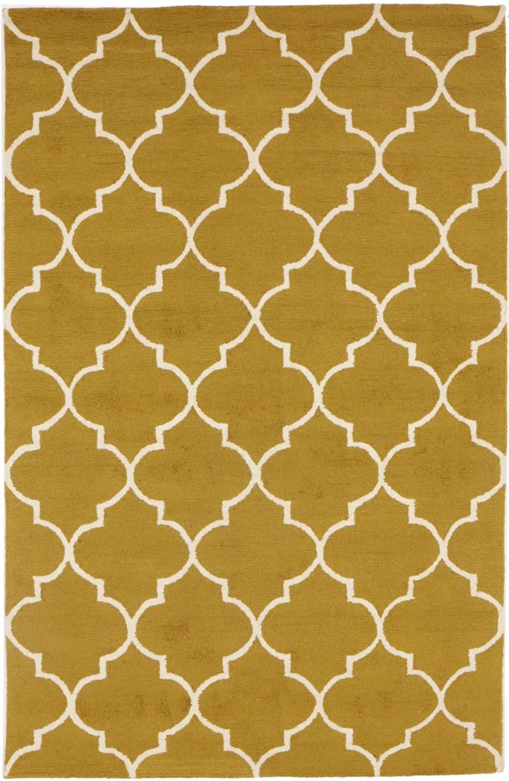 Modern 5x8 Wool Trellis Rug Hand-Tufted Gold Area Carpet: Modern 5x8 Wool Trellis Rug Hand-Tufted Gold Area Carpet This modern area rug features a gold trellis pattern and is hand-tufted from wool, offering both durability and a contemporary look. Designed i