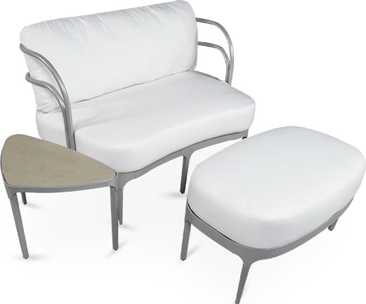 Woodbridge Amalfi Art Deco Outdoor Metal Loveseat: Woodbridge Amalfi Art Deco Outdoor Metal Loveseat Elevate your outdoor space with the Art Deco Amalfi Outdoor Metal Loveseat. This stylish piece features a distinctive kidney shape and is constructed