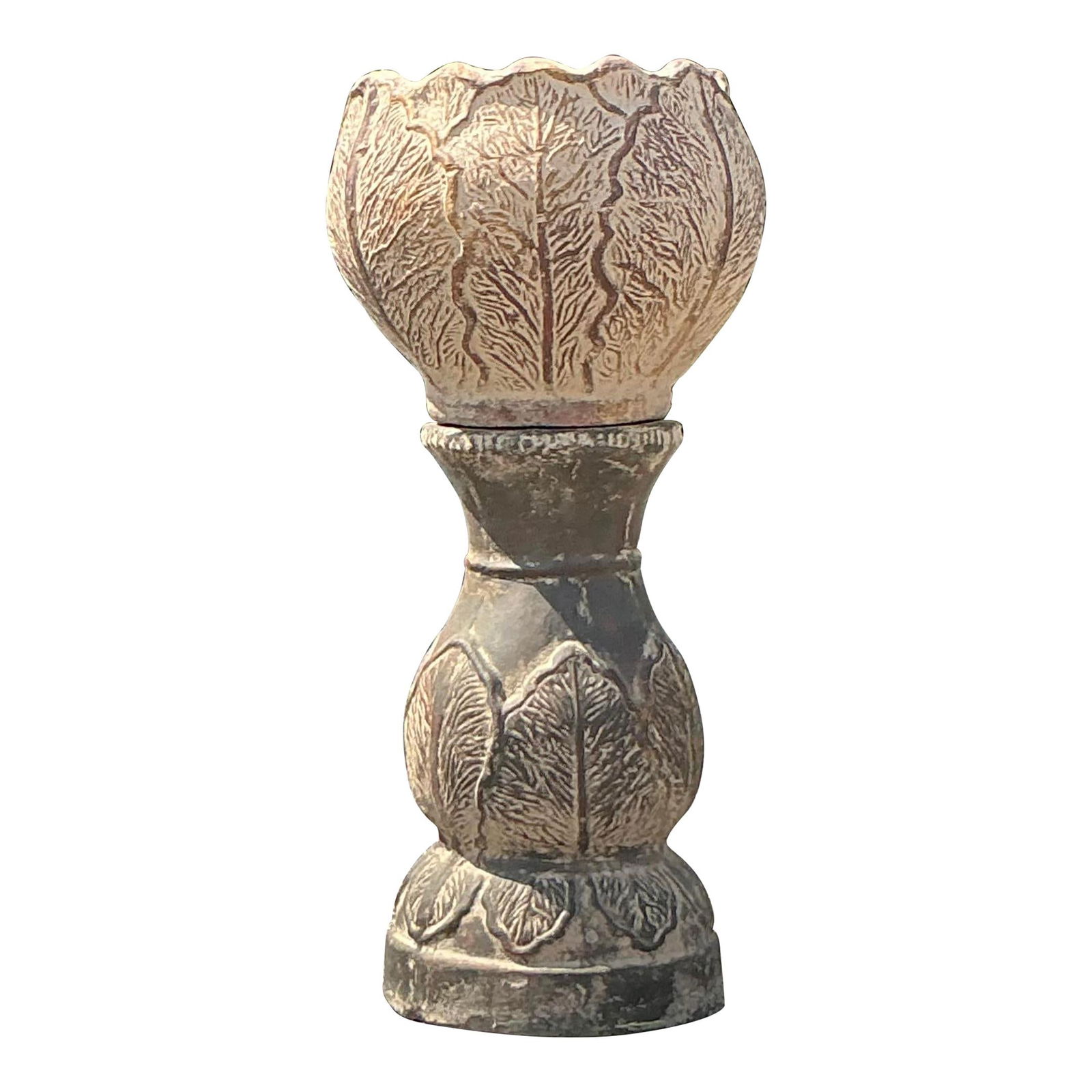 Vintage Terra Cotta Cabbage Jardiniere Boho Planter 16 x 35.5: Vintage Terra Cotta Cabbage Jardiniere Boho Planter 16 x 35.5 Elevate your home decor with this Vintage Terra Cotta Cabbage Jardiniere. Featuring a beautifully hand-painted, cabbage-inspired design, t