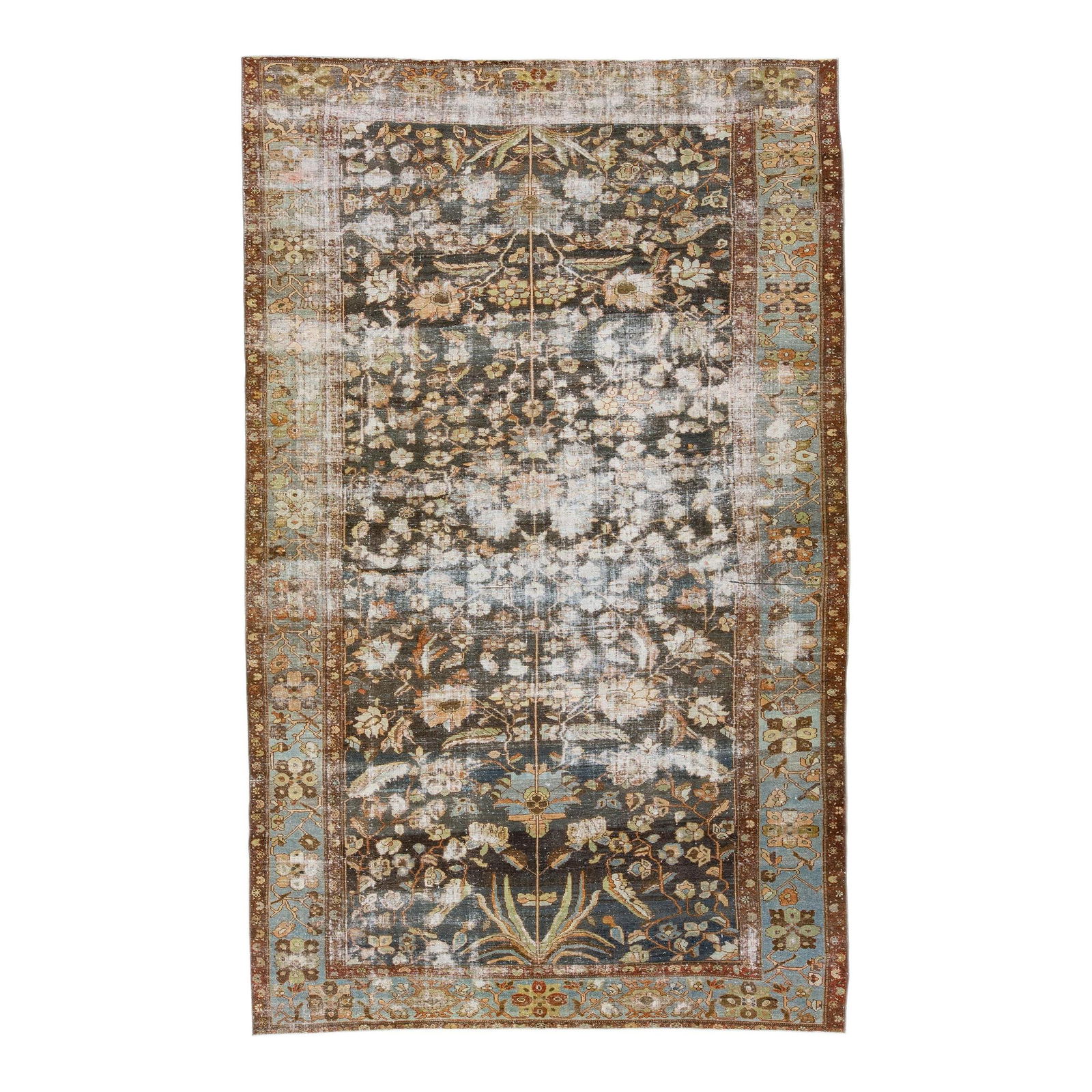 1900s Antique Malayer Handmade Blue Wool Rug 9'10 x 15'6: 1900s Antique Malayer Handmade Blue Wool Rug 9'10 x 15'6 This stunning antique Malayer rug features a hand-knotted wool construction with a captivating blue field. The design showcases a light blue fr