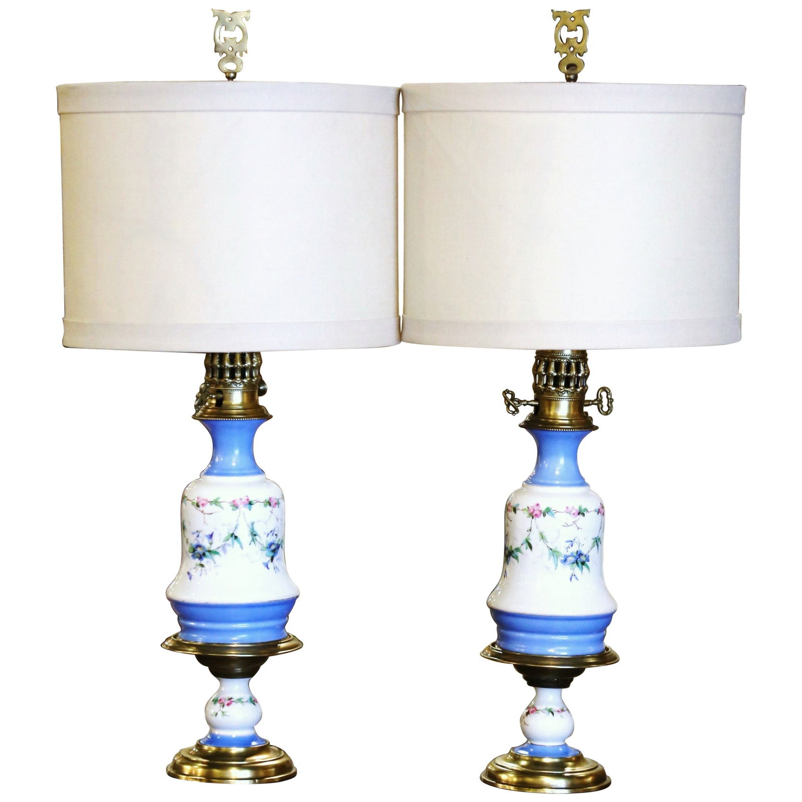 Antique Pair of 19th Century French Napoleon III Hand Painted Porcelain Lamps Set of 2: Antique Pair of 19th Century French Napoleon III Hand Painted Porcelain Lamps Set of 2 Enhance your living space with this exquisite pair of 19th Century French Napoleon III hand-painted porcelain oil