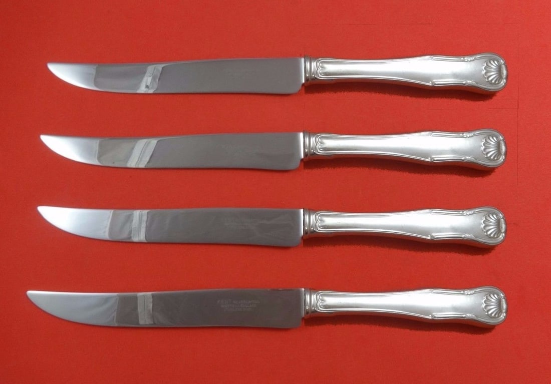 Kirk King Sterling Silver Steak Knife Set 4pc Texas Sized: Kirk King Sterling Silver Steak Knife Set 4pc Texas Sized Elevate your dining experience with this exquisite 4-piece steak knife set from the renowned Kirk brand, featuring the regal "King" pattern. C