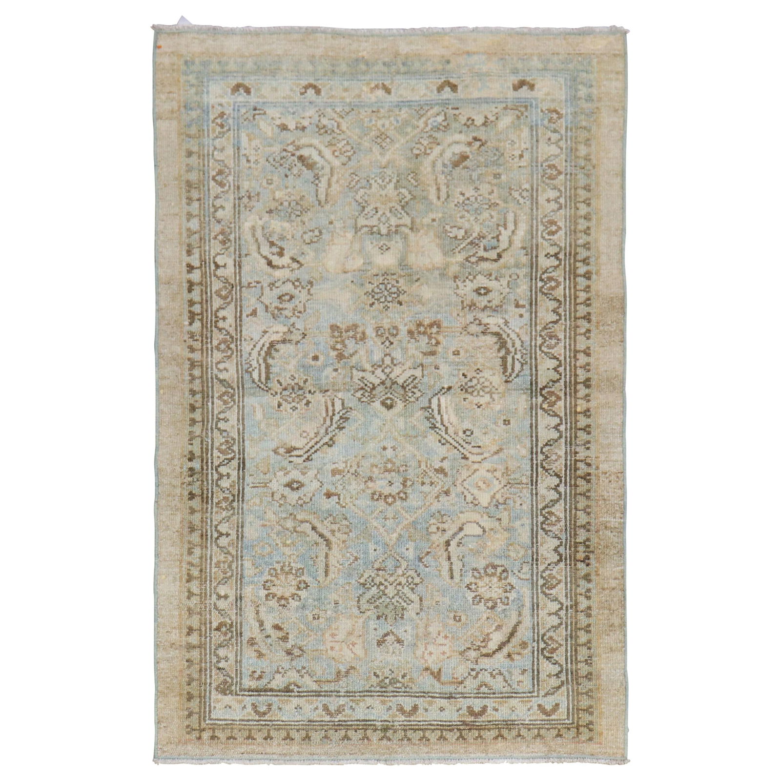 Antique Persian Serab Small Rug in Powder Blue and Camel: Antique Persian Serab Small Rug in Powder Blue and Camel Discover the exquisite beauty of this early 20th century Persian Serab rug, featuring a stunning combination of powder blue and camel accents.