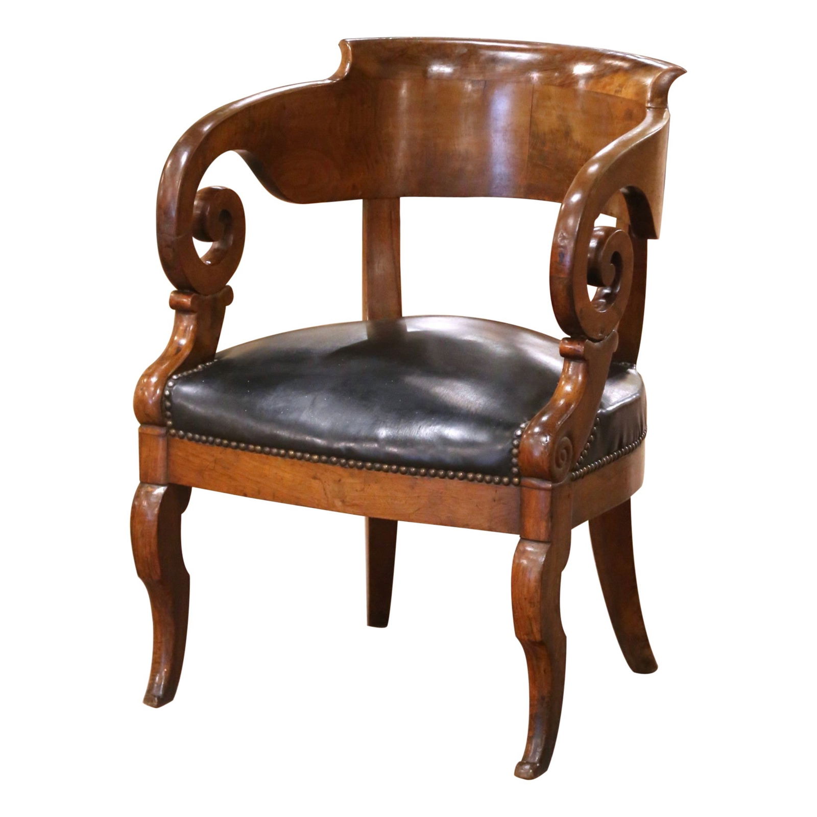 19th Century French Empire Mahogany Armchair with Leather Seat: 19th Century French Empire Mahogany Armchair with Leather Seat This exquisite 19th-century French Empire desk armchair, crafted around 1870, showcases a beautifully sculpted mahogany frame with a warm
