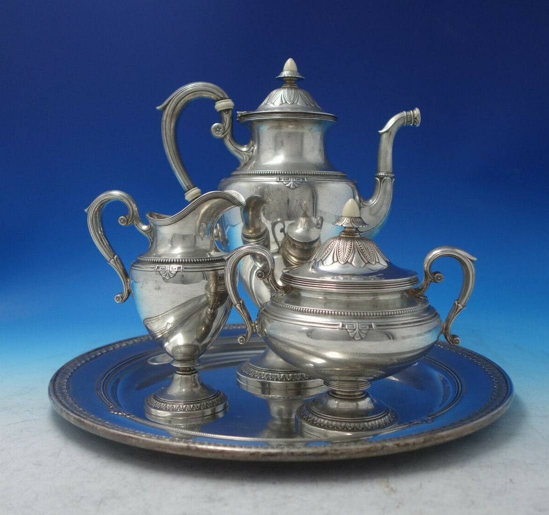Gorham Shamrock V Art Deco Sterling Silver Tea Set 3pc with Tray: Gorham Shamrock V Art Deco Sterling Silver Tea Set 3pc with Tray Elevate your tea experience with the Shamrock V by Gorham Sterling Silver Tea Set, a stunning 3-piece ensemble complemented by a round