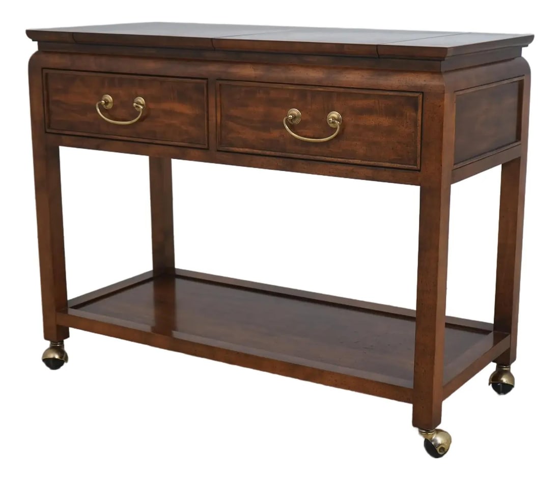 Mid Century Modern Asian Inspired Mahogany Flip Top Server: Mid Century Modern Asian Inspired Mahogany Flip Top Server This stunning Asian-inspired server showcases a modern design with a rich brown mahogany finish. Crafted approximately 40 years ago, it featu