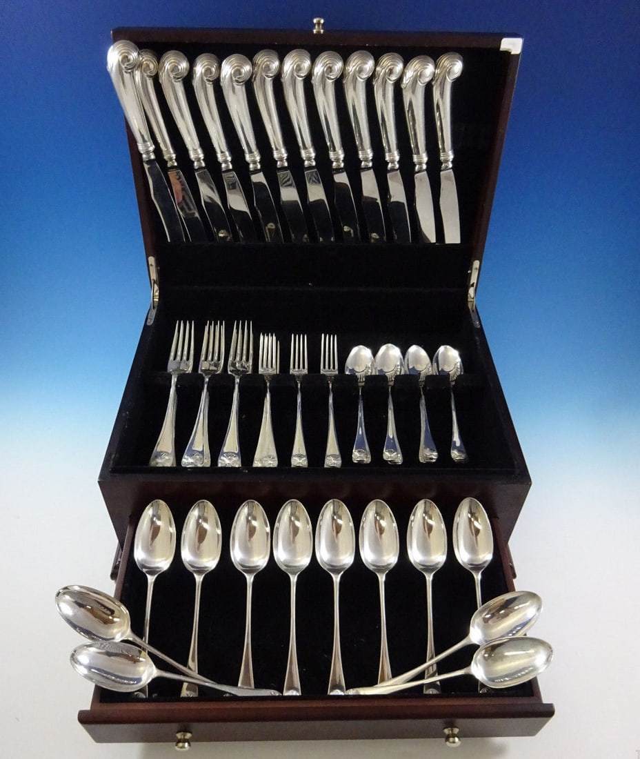 Stieff Williamsburg Shell Sterling Silver Flatware Set 60 Pcs with Storage Chest: Stieff Williamsburg Shell Sterling Silver Flatware Set 60 Pcs with Storage Chest Elevate your dining experience with the Williamsburg Shell by Stieff Sterling Silver Dinner Flatware Set. This exquisit