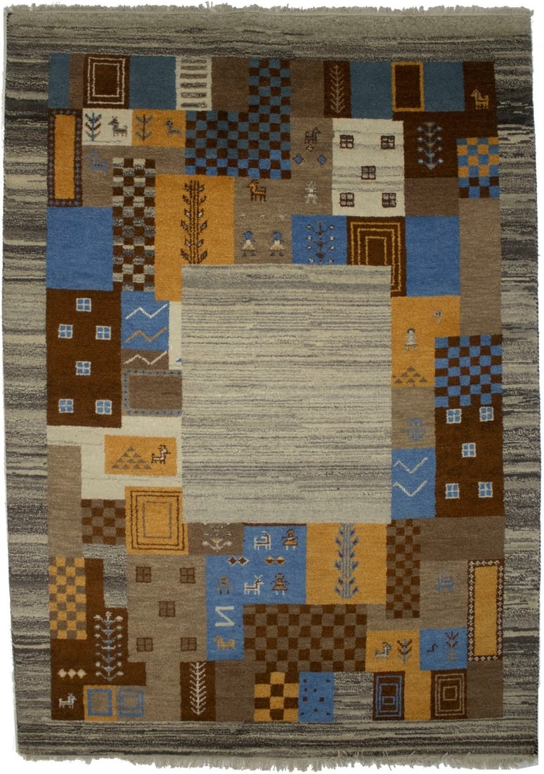 Wool Hand-Knotted Multicolored Tribal Indo-Gabbeh Area Rug 5'8 x 7'11: Wool Hand-Knotted Multicolored Tribal Indo-Gabbeh Area Rug 5'8 x 7'11 This handmade Indo-Gabbeh rug features a multicolored tribal design with cream, beige, brown, gold, maroon, red, and blue tones. E