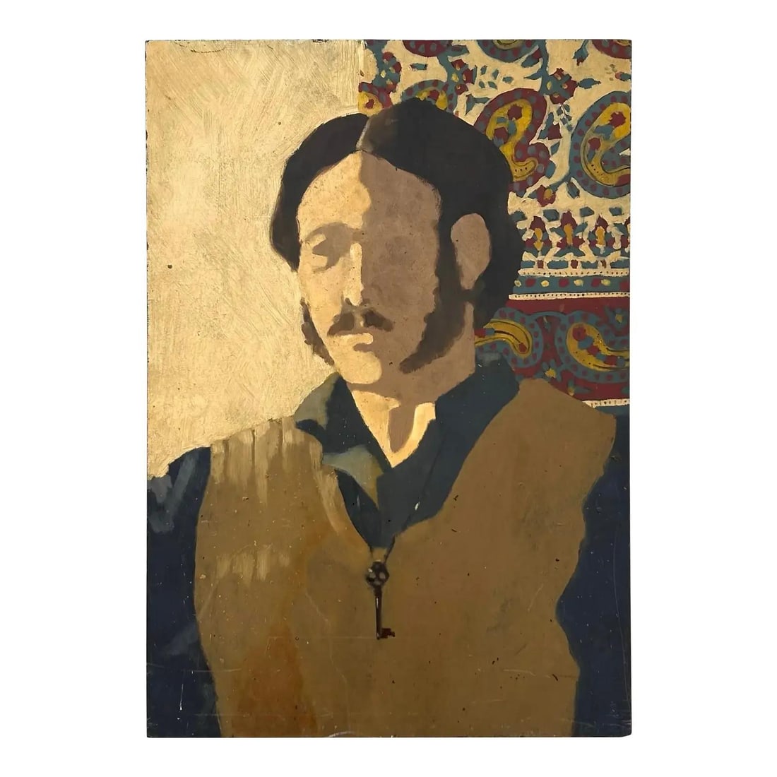 Original Oil Portrait on Canvas Depicting Abstract Boho Man in Vest: Original Oil Portrait on Canvas Depicting Abstract Boho Man in Vest This original oil on canvas features an abstract bohemian portrait of a man wearing a vest. Rendered in warm, earthy tones with bold