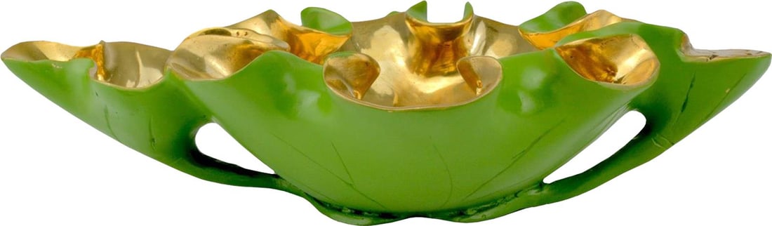 Currey Green Polished Gold Bronze Wrapped Lotus Leaf Bowl: Currey Green Polished Gold Bronze Wrapped Lotus Leaf Bowl This exquisite green lotus leaf bronze bowl embodies a stunning Asian modern style, perfect for enhancing any decor. Crafted from durable bron