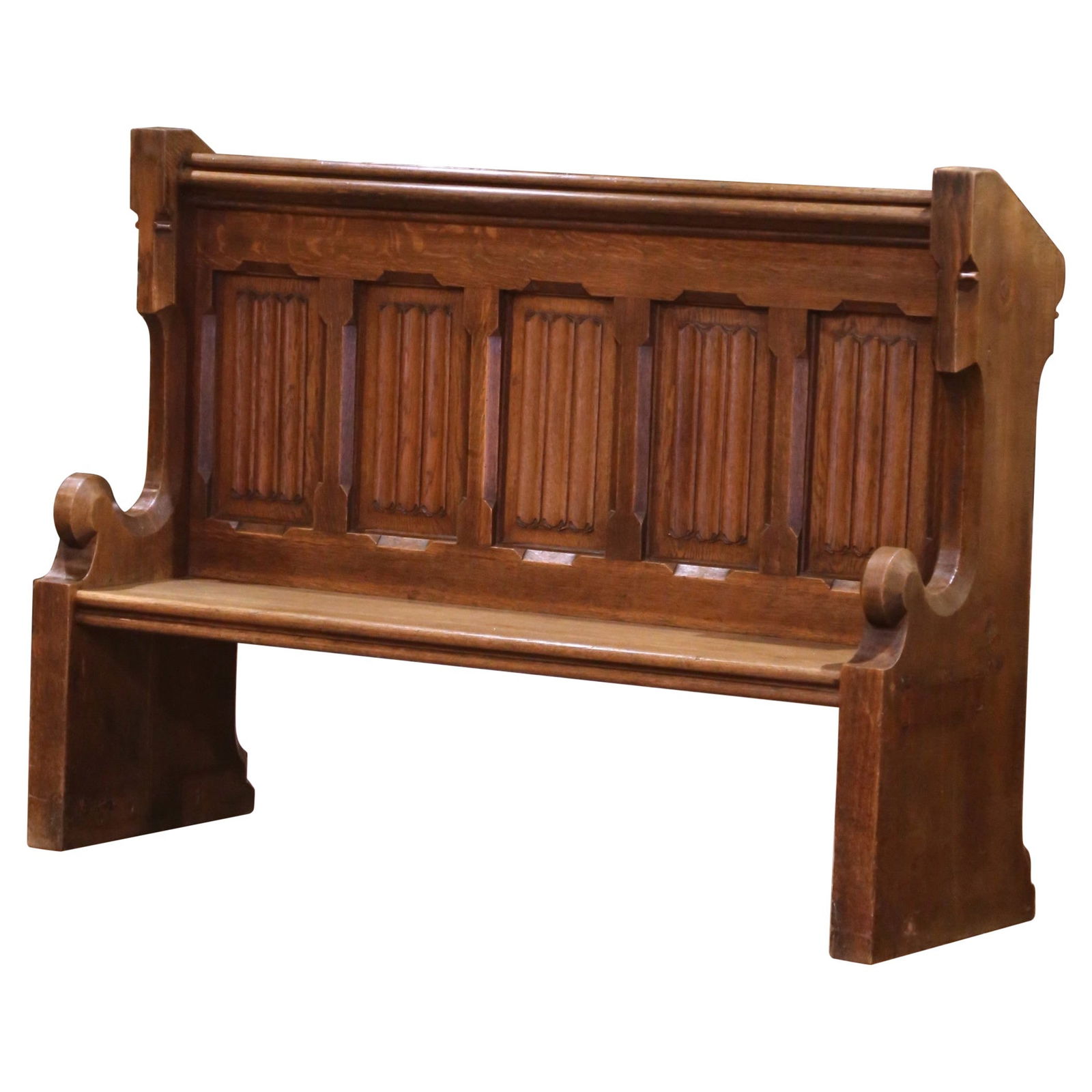 19th Century French Gothic Revival Hand-Carved Oak Church Pew Bench: 19th Century French Gothic Revival Hand-Carved Oak Church Pew Bench Enhance your space with this 19th Century French Gothic Revival Carved Oak Church Pew Bench, a stunning piece that brings ecclesiast