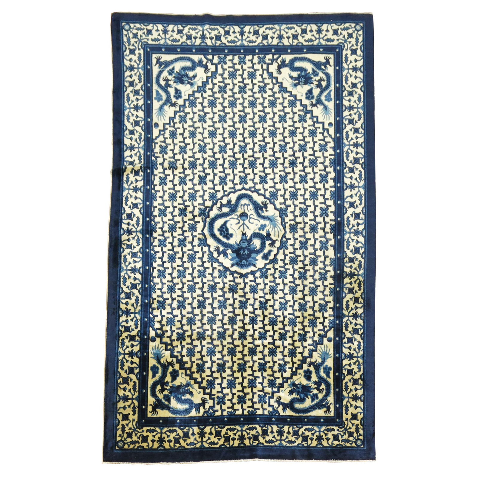 Vintage Chinese Dragon Peking Rug Hand-Woven Wool 5' x 8': Vintage Chinese Dragon Peking Rug Hand-Woven Wool 5' x 8' This exquisite vintage Chinese dragon rug features a stunning hand-woven design, showcasing a majestic dragon set against a creamy yellow back