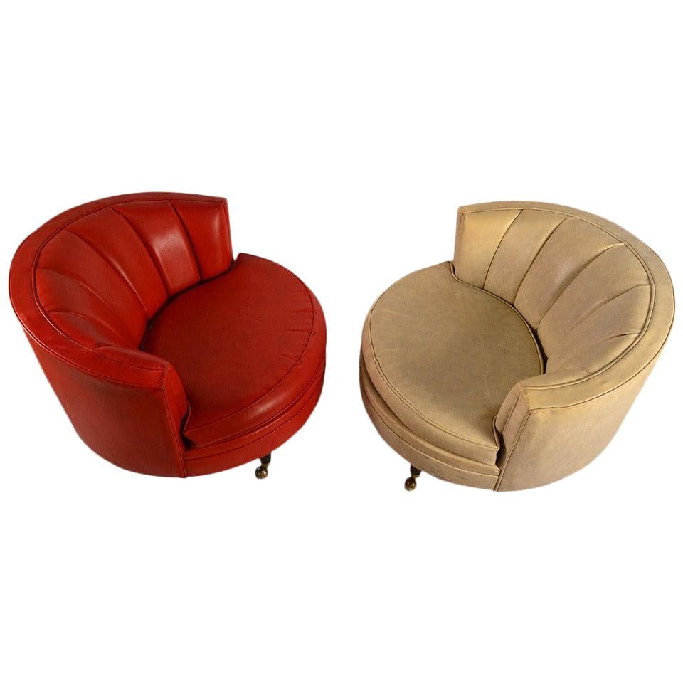 Stylish Pair of Vinyl Circle Chairs Red Orange Off White: Stylish Pair of Vinyl Circle Chairs Red Orange Off White This pair of Vinyl Circle Chairs features a vibrant red/orange chair alongside an elegant off-white chair, both adorned with their original vin