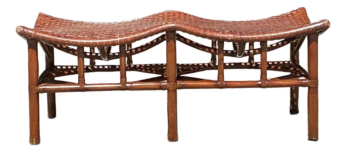Vintage McGuire Inspired Woven Rawhide Rattan Coastal Bench: Vintage McGuire Inspired Woven Rawhide Rattan Coastal Bench Embrace the iconic McGuire style with this vintage coastal bench, featuring a stunning rattan frame and intricately woven rawhide seat, desi