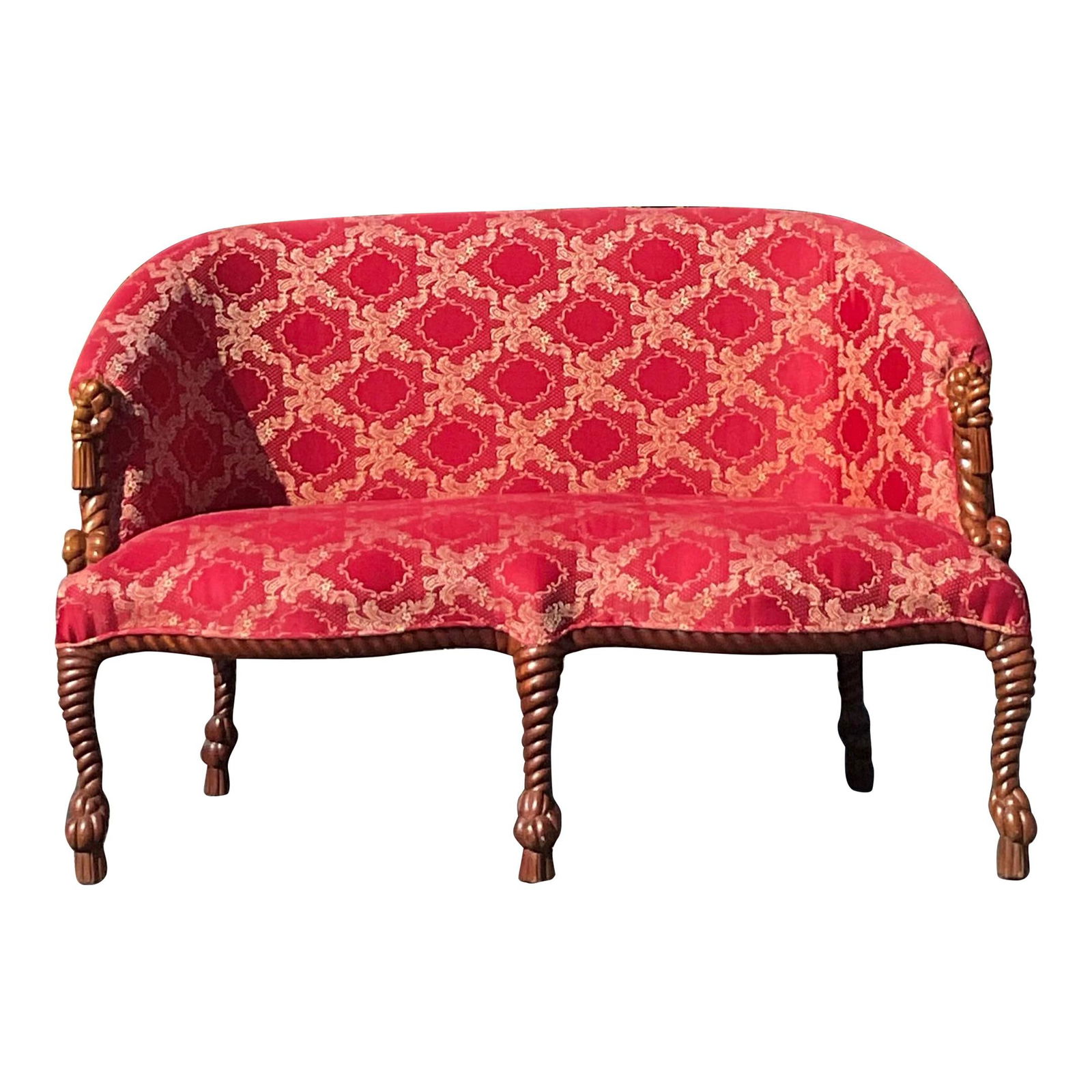 Vintage Regency Knot Rope Settee Red Gold Brocade Upholstery: Vintage Regency Knot Rope Settee Red Gold Brocade Upholstery Elevate your space with this exquisite vintage Regency knot and rope settee, a perfect blend of classical design and exceptional craftsmans