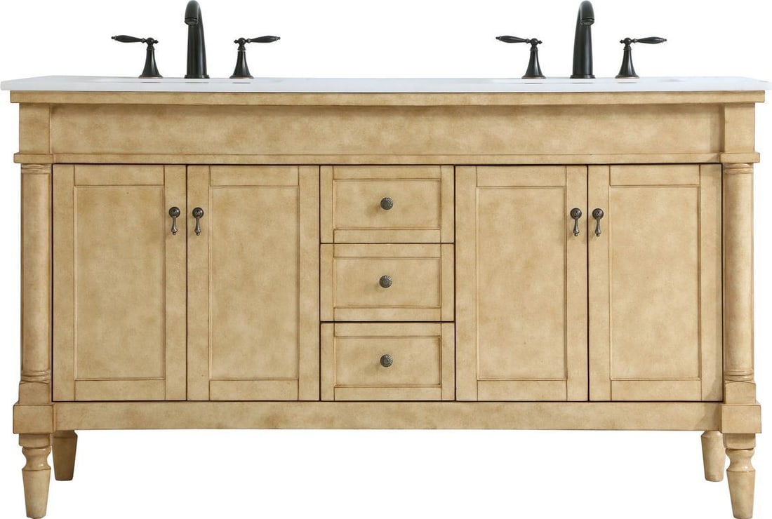 Elegant Lighting 60 Inch Beige Double Vanity French Country Style: Elegant Lighting 60 Inch Beige Double Vanity French Country Style Elevate your bathroom with this exquisite 60" Double Vanity in Antique Style Beige. Crafted with a vintage appeal, this vanity feature