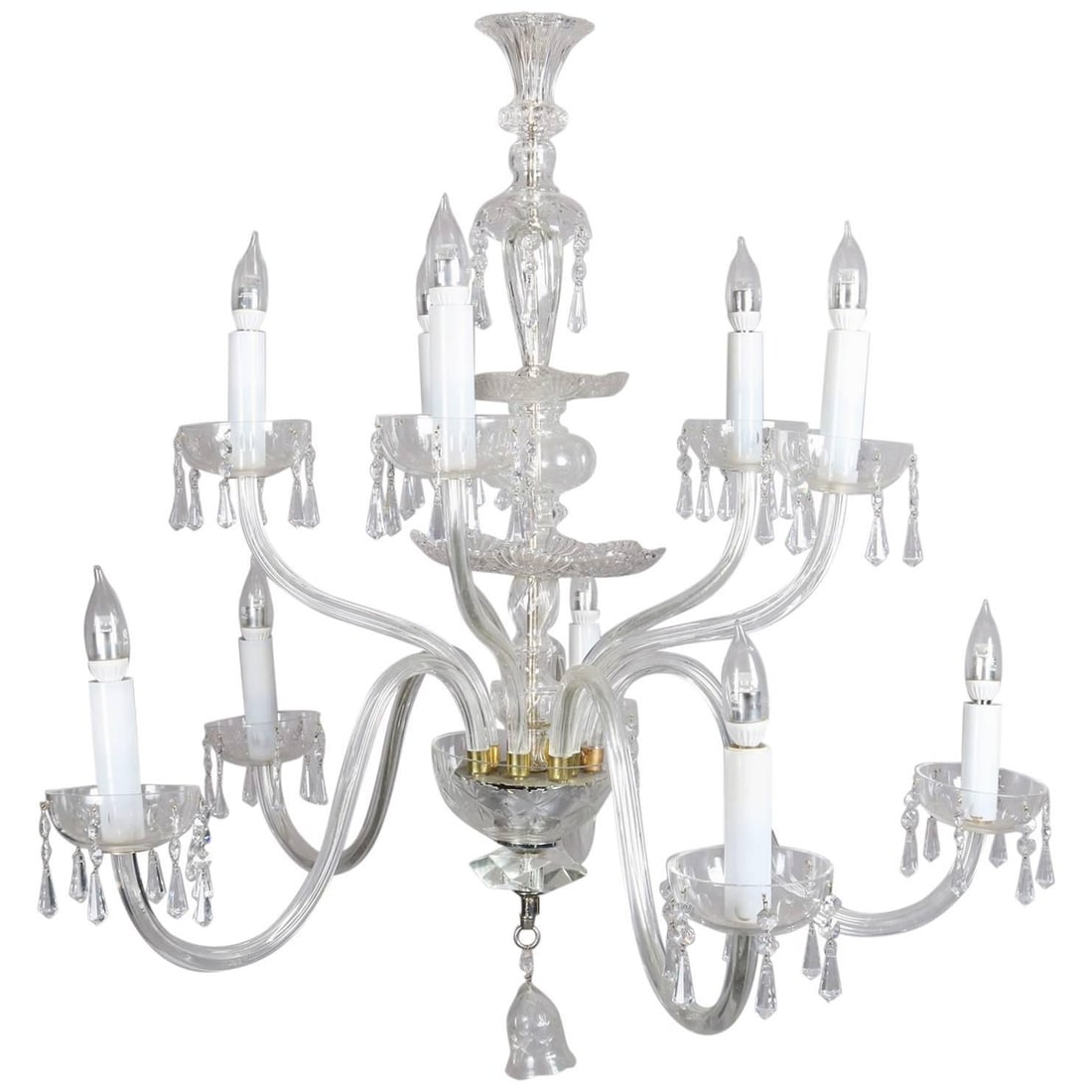 20th Century European Ten-Light Crystal Chandelier: 20th Century European Ten-Light Crystal Chandelier This stunning oversized European ten-light crystal chandelier is a magnificent addition to any space. Crafted from glass, it features an intricately