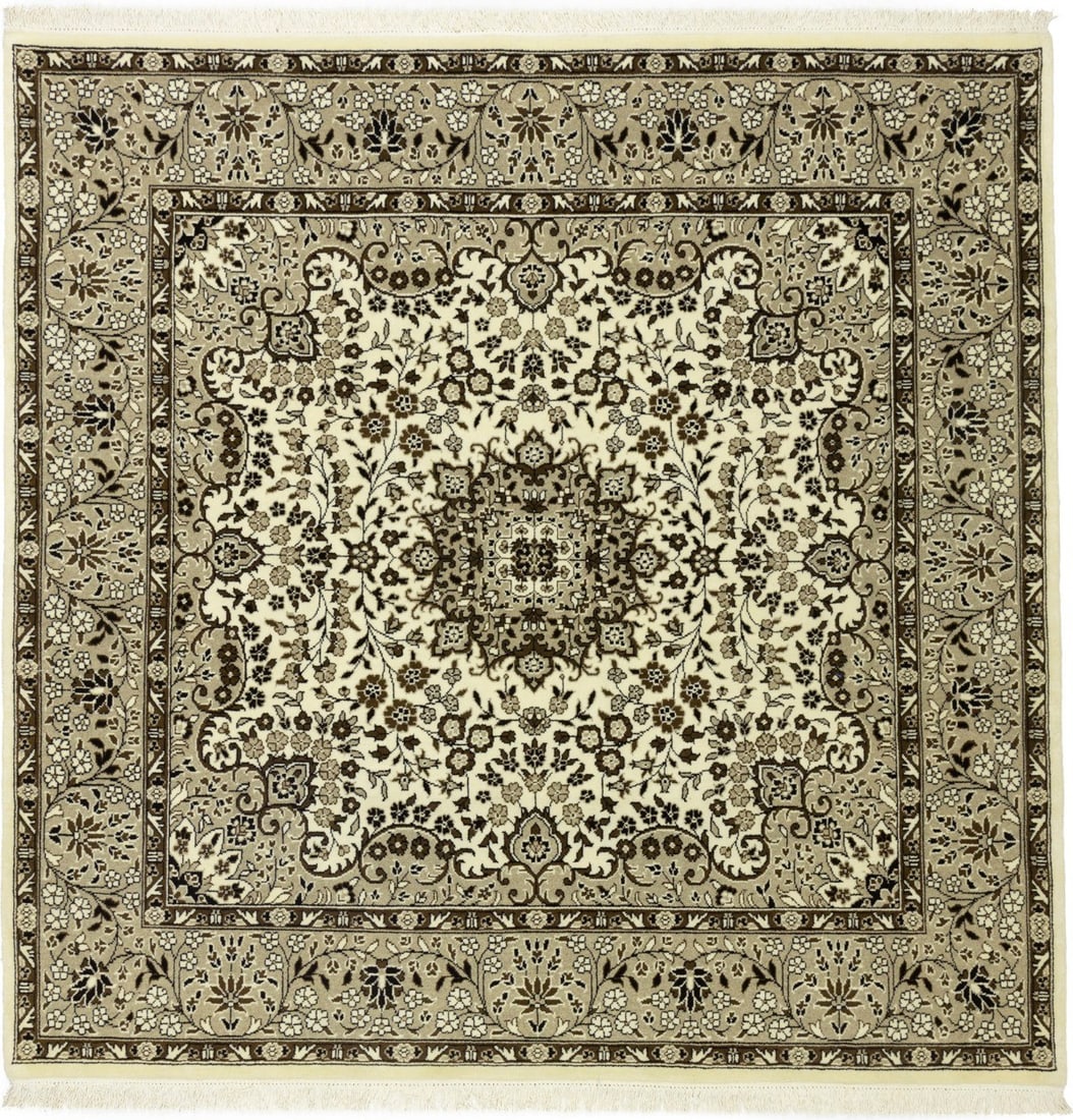 Hand-Knotted Cream Floral Wool Square Rug 6'3 x 6'2 Modern Design: Hand-Knotted Cream Floral Wool Square Rug 6'3 x 6'2 Modern Design Enhance your space with this exquisite hand-knotted Kirman square rug. Featuring a stunning cream floral design, this wool oriental ca