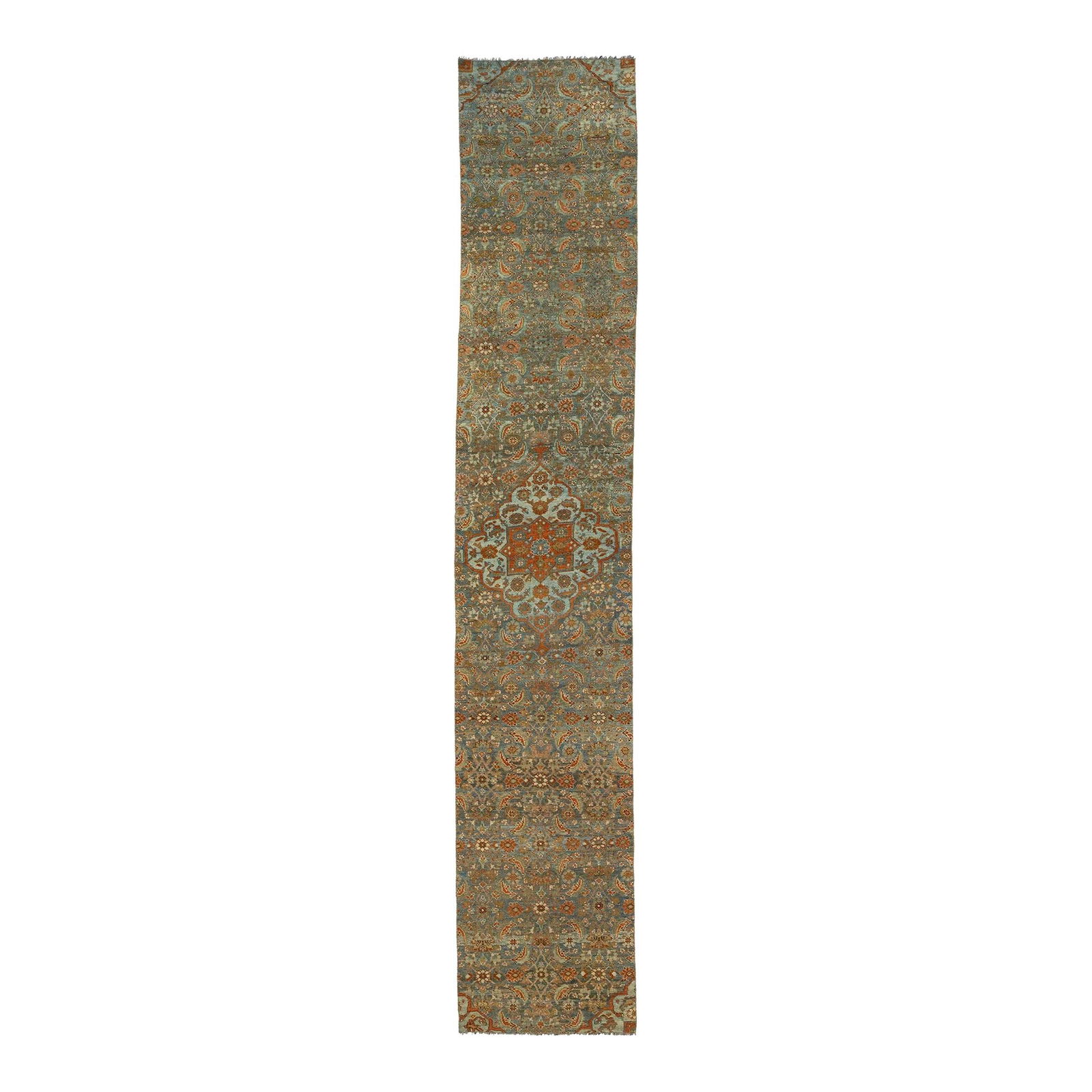 Handmade 20th Century Persian Malayer Wool Runner Blue Orange Floral 2'7 x 14'2: Handmade 20th Century Persian Malayer Wool Runner Blue Orange Floral 2'7 x 14'2 Enhance your space with this exquisite 20th-century handmade Persian Malayer wool runner. Featuring a vibrant blue field