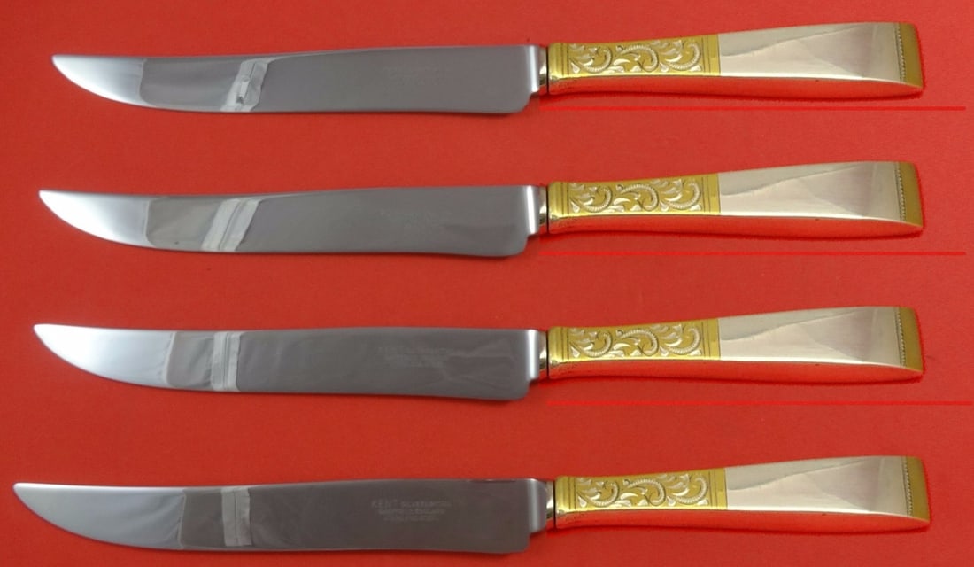 Gorham Golden Scroll Sterling Silver Steak Knife Set 4pc Texas Sized: Gorham Golden Scroll Sterling Silver Steak Knife Set 4pc Texas Sized Elevate your dining experience with this 4-piece Golden Scroll steak knife set by Gorham. Crafted from heirloom-quality sterling si
