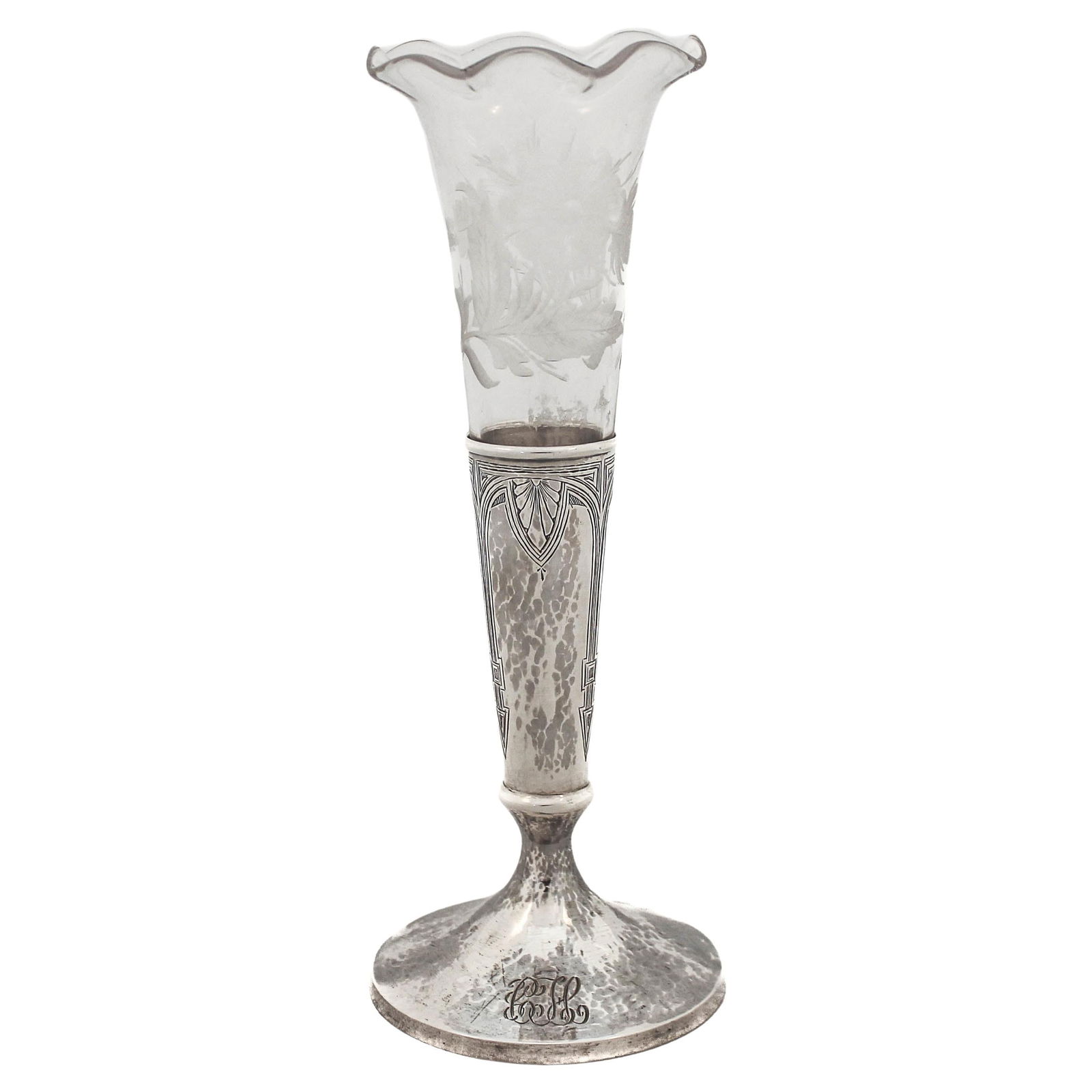 Art Deco Sterling Silver Hammered Bud Vase by The Merrill Shops: Art Deco Sterling Silver Hammered Bud Vase by The Merrill Shops This exquisite Sterling Silver Hammered Vase features a stunning Art Deco design, characterized by its symmetrical motifs. The vase meas