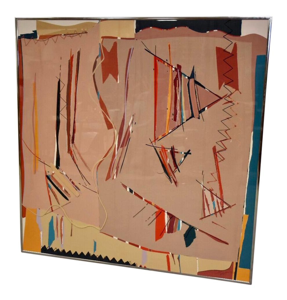 1980s Sally Anderson Large Abstract Acrylic Painting in Chrome Frame: 1980s Sally Anderson Large Abstract Acrylic Painting in Chrome Frame This striking large abstract painting by Sally Anderson, created in the 1980s, showcases a beautiful interplay of color and depth.