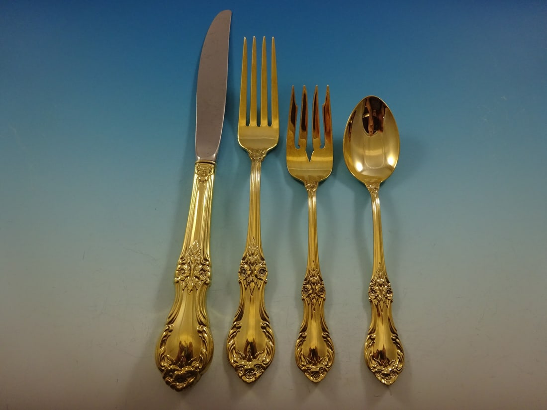 International Silver Wild Rose Vermeil Flatware Set 48 Pieces with Storage Chest: International Silver Wild Rose Vermeil Flatware Set 48 Pieces with Storage Chest Enhance your dining experience with the Wild Rose Gold flatware service set by International Sterling. This exquisite p