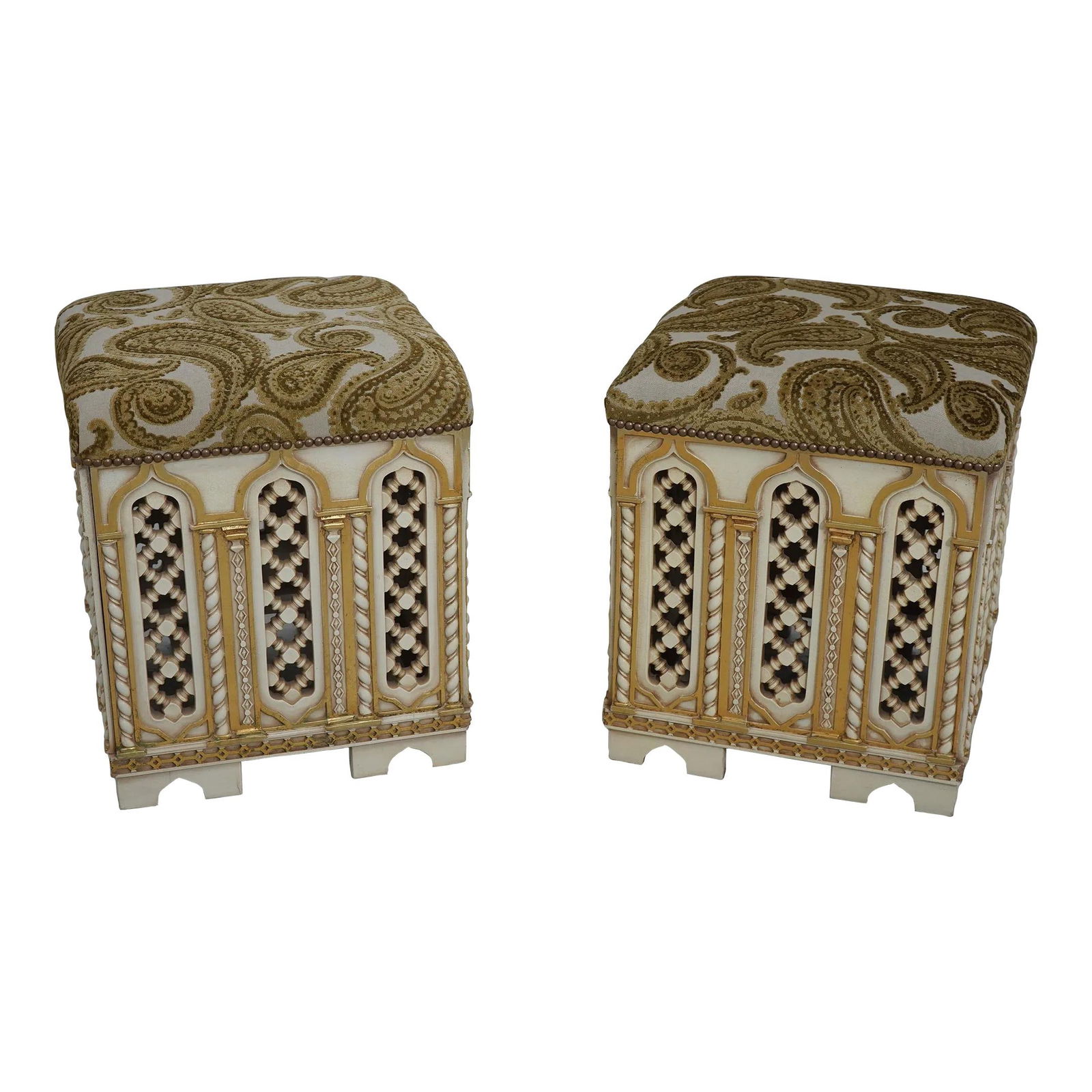 Exquisite Pair of Gothic Stools with Upholstered Seats: Exquisite Pair of Gothic Stools with Upholstered Seats This stunning pair of Gothic style stools features intricate carved designs and high-quality construction, perfect for adding a touch of elegance