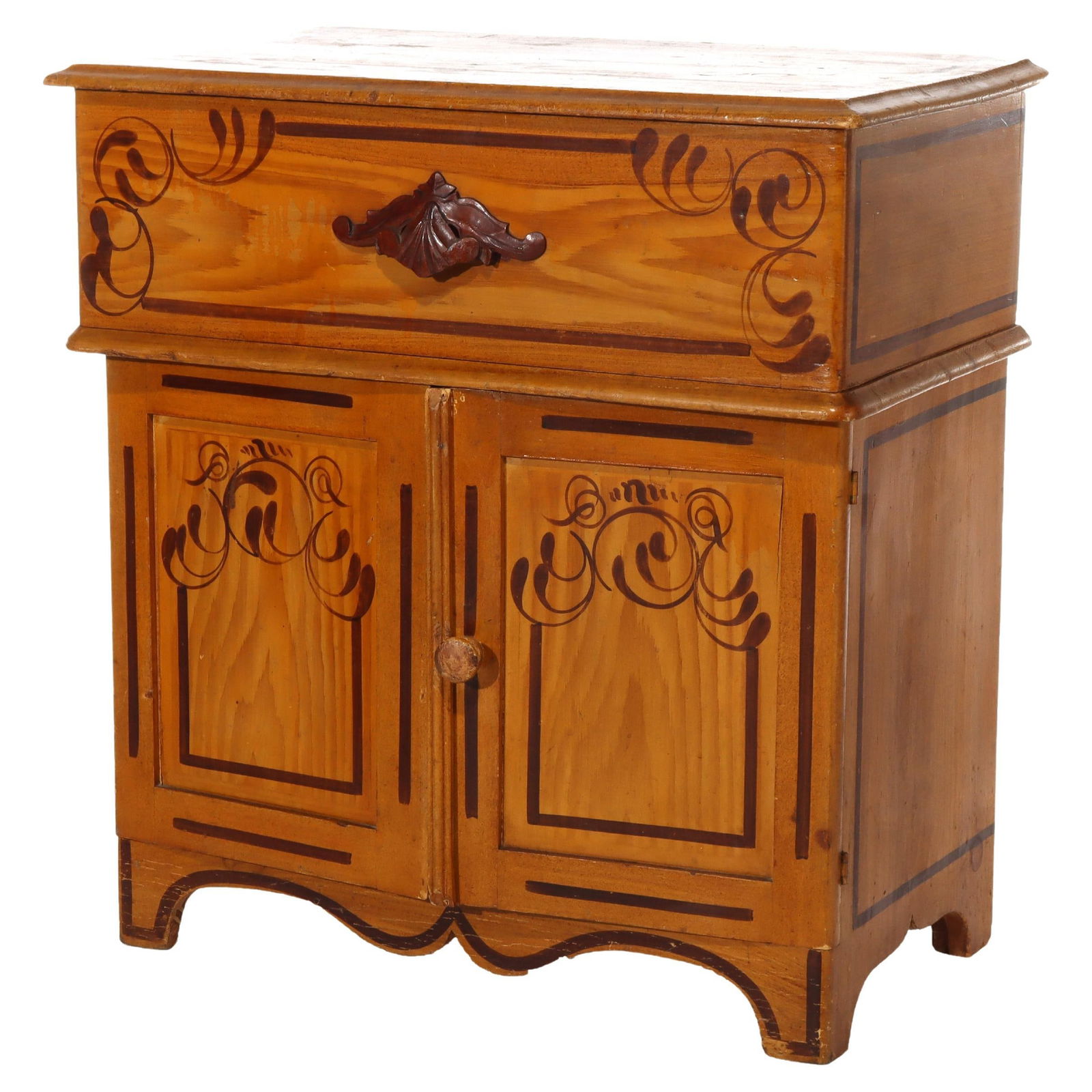 Late 19th Century Stenciled Chestnut Commode with Lift Top and Faux Painted Finish: Late 19th Century Stenciled Chestnut Commode with Lift Top and Faux Painted Finish This antique commode, dating to circa 1890, features a faux painted chestnut finish and is accented with intricate st
