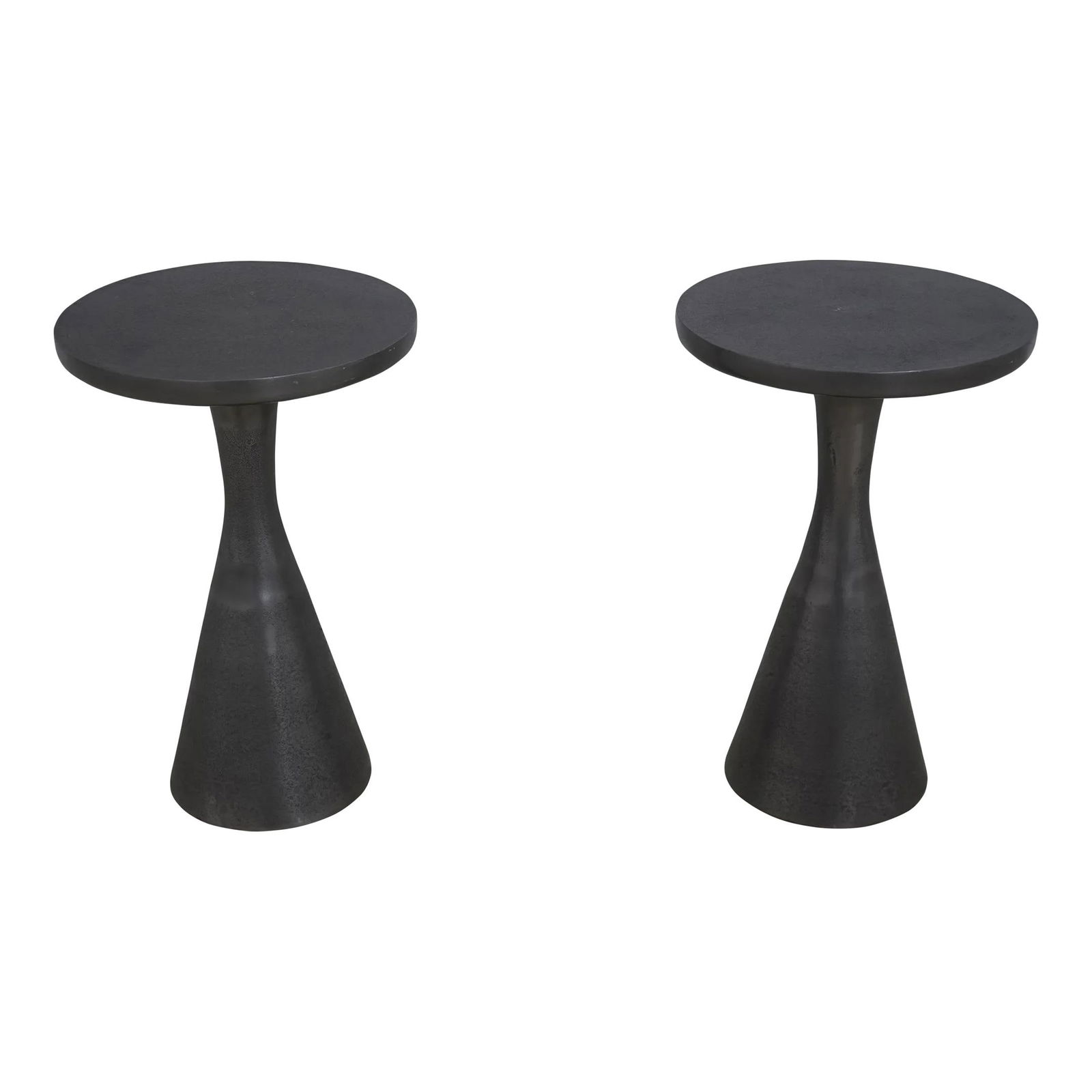 Unique Pair of Black Distressed Aluminum Modern End Tables: Unique Pair of Black Distressed Aluminum Modern End Tables This pair of modern design distressed aluminum end tables showcases a unique aesthetic perfect for contemporary decor. Crafted approximately